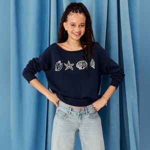 Aeropostale Demetra Seashell Sweater Size Medium Navy W/Cream Embroidery NWT